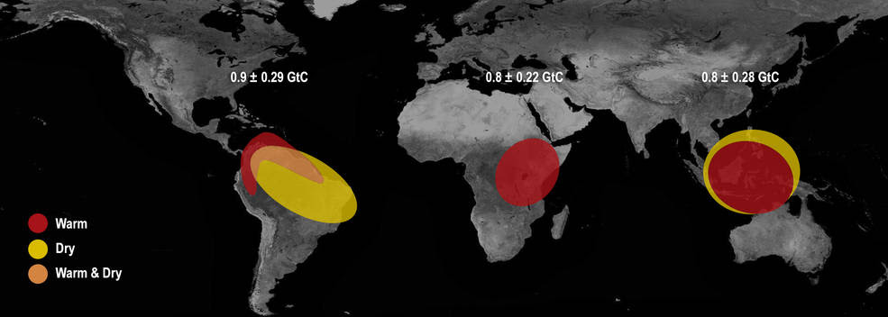 The last El Nino in 2015-16 impacted the amount of carbon dioxide that Earth’s tropical regions released into the atmosphere<br />The last El Nino in 2015-16 impacted the amount of carbon dioxide that Earth’s tropical regions released into the atmosphere, leading to Earth’s recent record spike in atmospheric carbon dioxide. The effects of the El Nino were different in each region<br />Credits: NASA/JPL-Caltech