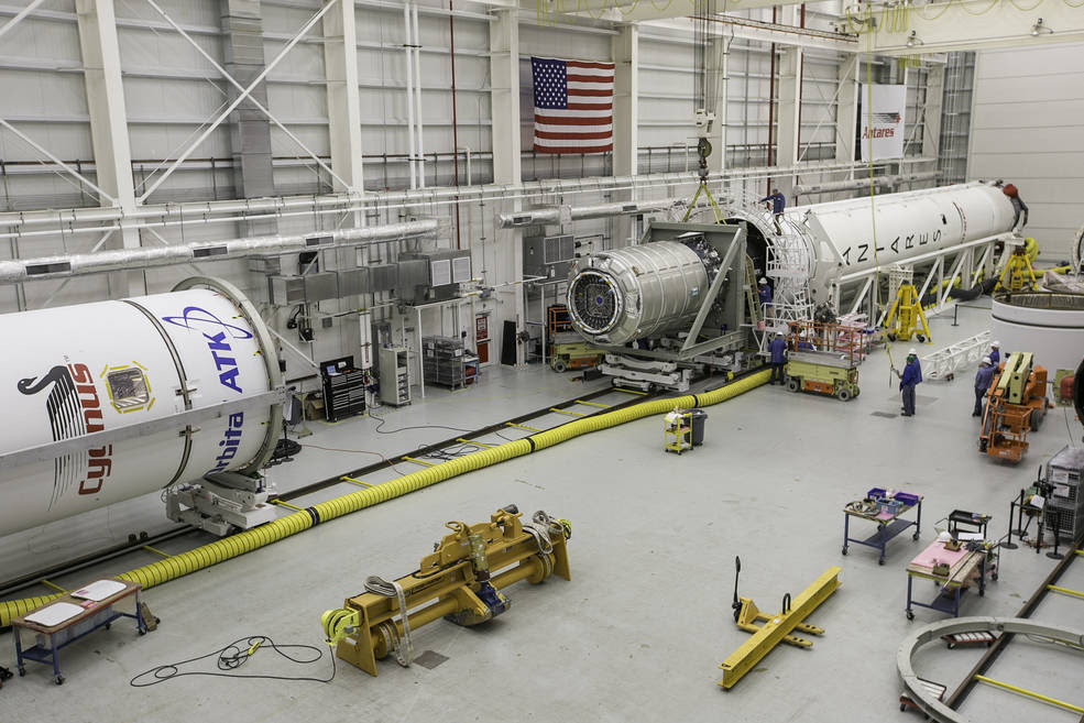 Orbital ATK’s Antares rocket for the CRS-8 mission is being integrated in the Horizontal Integration Facility at NASA’s Wallops Flight Facility. Launch is scheduled for 7:37 a.m. EST , Saturday, Nov. 11, 2017.