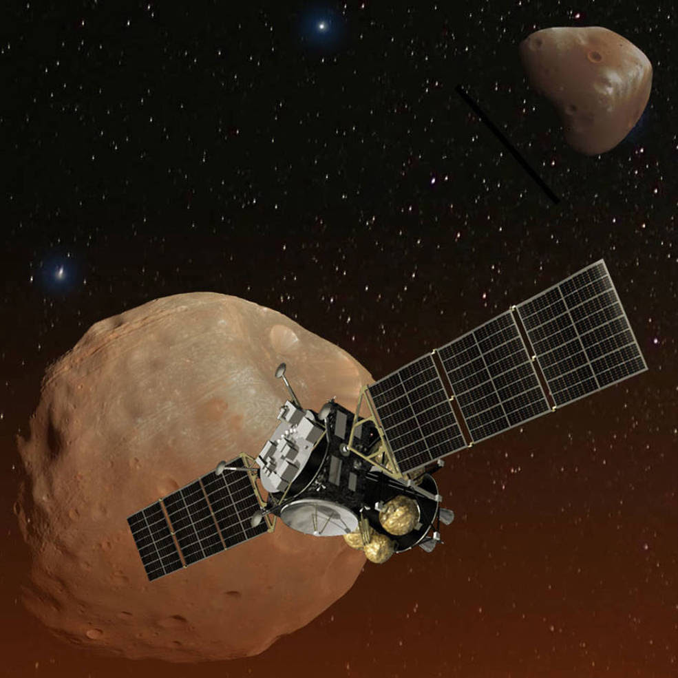Artist’s concept of Japan’s Mars Moons eXploration (MMX) spacecraft, carrying a NASA instrument to study the Martian moons Phobos and Deimos.<br />Credits: JAXA/NASA