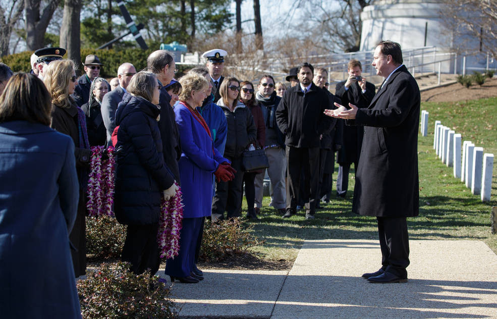 NASA Day of Remembrance 2017<br />Acting NASA Administrator Robert Lightfoot speaks to NASA personnel and others during a wreath laying ceremony at the Space Shuttle Challenger and Space Shuttle Columbia Memorials as part of NASA's Day of Remembrance, Tuesday, Jan. 31, 2017, at Arlington National Cemetery in Arlington, Va. The wreaths were laid in memory of those men and women who lost their lives in the quest for space exploration.<br />Credits: NASA/Joel Kowsky