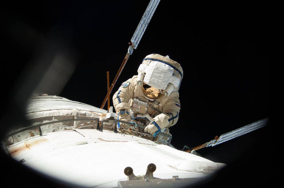 cosmonaut Alexander Misurkin conducts a spacewalk outside the International Space Station<br />Clad in a Russian Orlan spacesuit, cosmonaut Alexander Misurkin conducts a spacewalk outside the International Space Station Aug. 22, 2013, during Expedition 36. On Friday, Feb. 2, 2018, Misurkin will participate in the fourth spacewalk of his career.<br />Credits: NASA