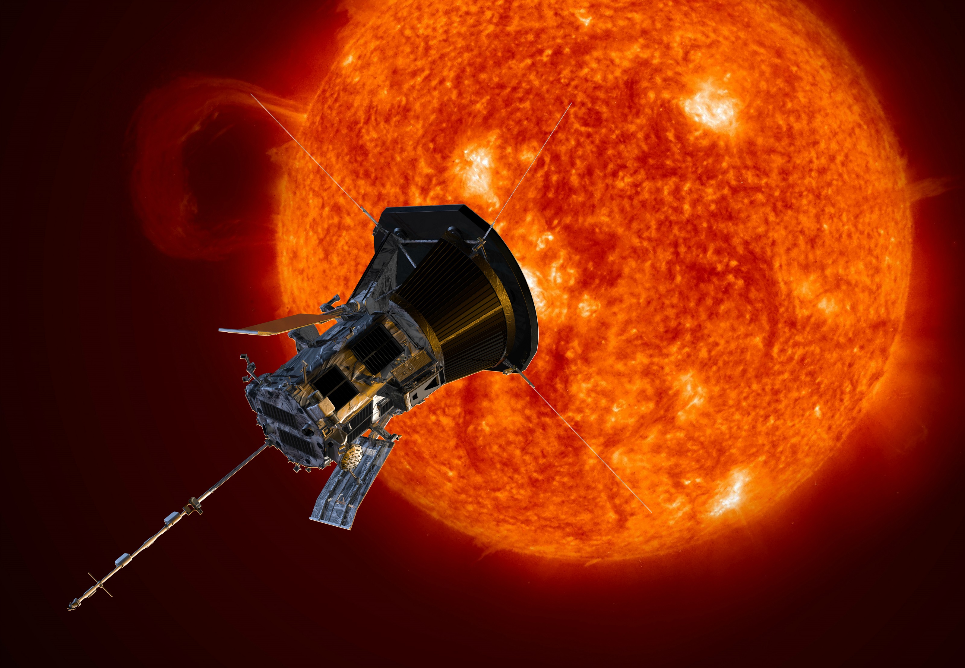This illustration of NASA’s Parker Solar Probe depicts the spacecraft traveling through the Sun’s outer atmosphere. Humanity’s first mission to a star, Parker Solar Probe is scheduled to launch July 31, 2018.<br />Credits: JHU APL