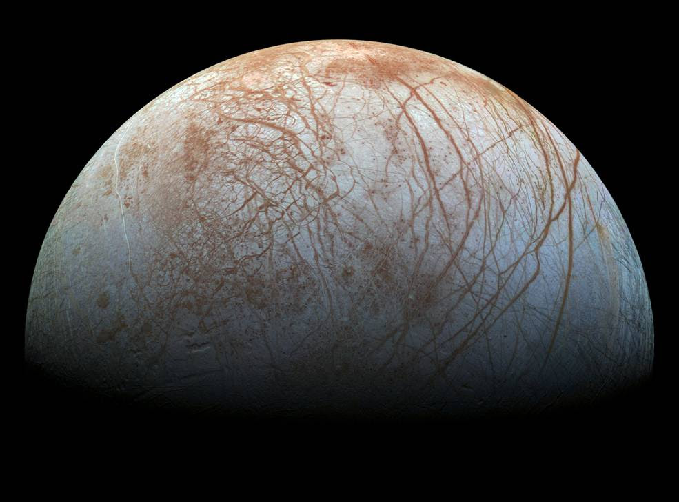 A view of Europa created from images taken by NASA's Galileo spacecraft in the late 1990s.<br />Credits: NASA/JPL-Caltech/SETI Institute