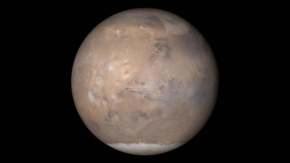 Mars, as seen by Mars Global Surveyor in 2003.<br />Credits: NASA/JPL-Caltech/MSSS