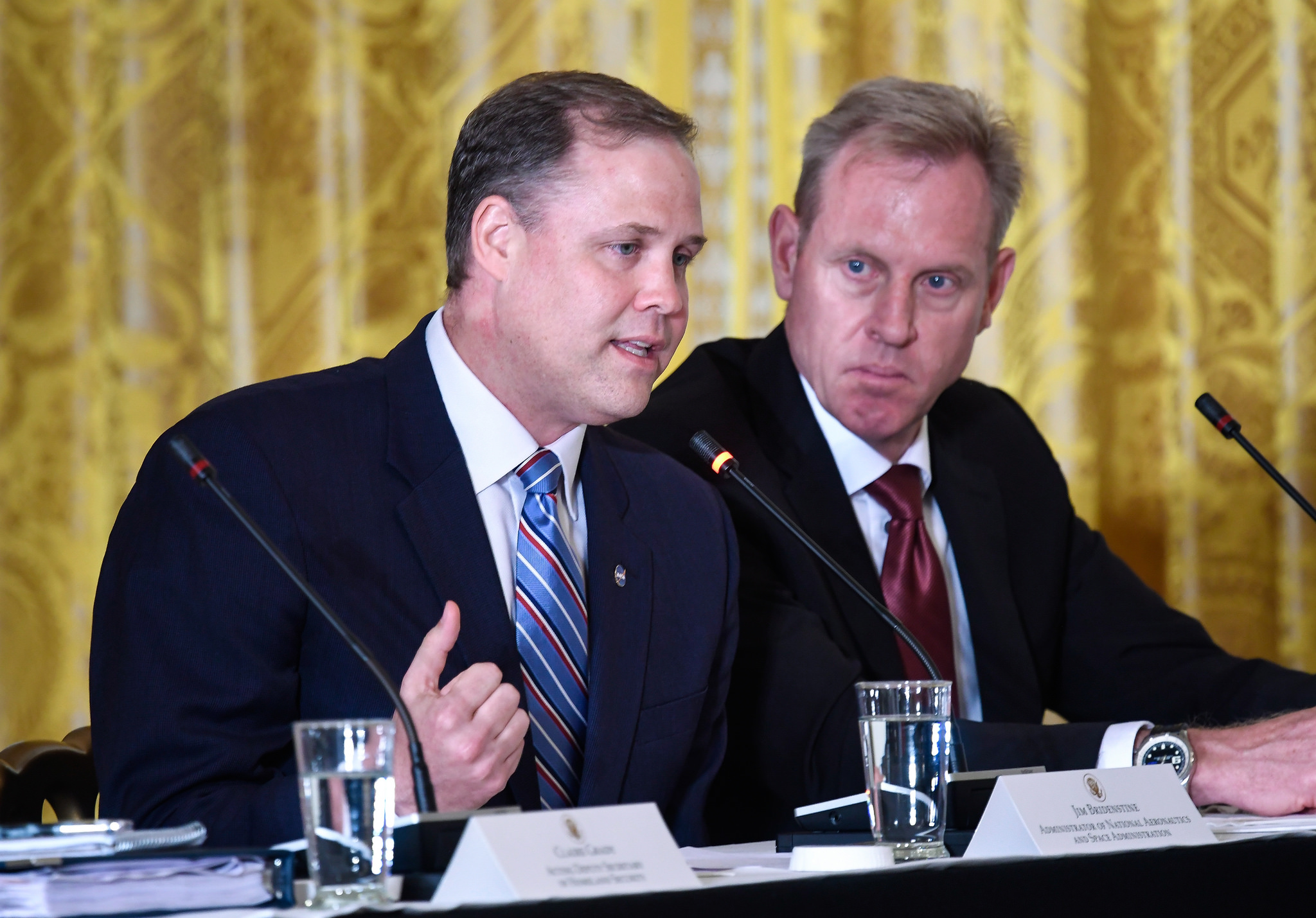 NASA Administrator Jim Bridenstine speaks during a meeting of the National Space Council in the East Room of the White House, Monday, June 18, 2018, in Washington. Chaired by the Vice President, the council's role is to advise the President regarding national space policy and strategy, and review the nation's long-range goals for space activities.<br />Credits: NASA/Bill Ingalls