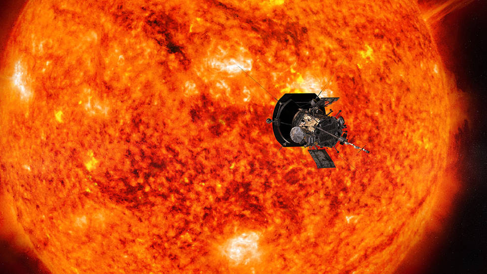 Artist’s concept of NASA’s Parker Solar Probe. The spacecraft will fly through the Sun’s corona to trace how energy and heat move through the star’s atmosphere.<br />Credits: NASA/Johns Hopkins APL