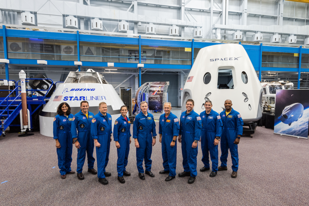 NASA introduced to the world on Aug. 3, 2018, the first U.S. astronauts who will fly on American-made, commercial spacecraft to and from the International Space Station – an endeavor that will return astronaut launches to U.S. soil for the first time since the space shuttle’s retirement in 2011. The agency assigned nine astronauts to crew the first test flight and mission of both Boeing’s CST-100 Starliner and SpaceX’s Crew Dragon. The astronauts are, from left to right: Sunita Williams, Josh Cassada, Eric Boe, Nicole Mann, Christopher Ferguson, Douglas Hurley, Robert Behnken, Michael Hopkins and Victor Glover.<br />Credits: NASA
