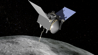 Illustration of NASA's Origins, Spectral Interpretation, Resource Identification, Security-Regolith Explorer (OSIRIS-REx) spacecraft at the asteroid Bennu.<br /><br />Credits: NASA