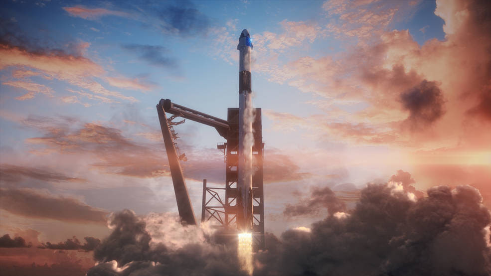 Illustration of SpaceX’s Crew Dragon spacecraft launching atop the company’s Falcon 9 rocket from historic Launch Complex 39A at NASA’s Kennedy Space Center in Florida.<br />Credits: SpaceX