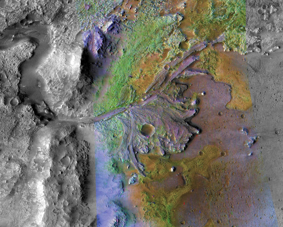 On ancient Mars, water carved channels and transported sediments to form fans and deltas within lake basins. Examination of spectral data acquired from orbit show that some of these sediments have minerals that indicate chemical alteration by water. Here in Jezero Crater delta, sediments contain clays and carbonates. The image combines information from two instruments on NASA's Mars Reconnaissance Orbiter, the Compact Reconnaissance Imaging Spectrometer for Mars and the Context Camera.<br />Credits: Credit NASA/JPL-Caltech/MSSS/JHU-APL