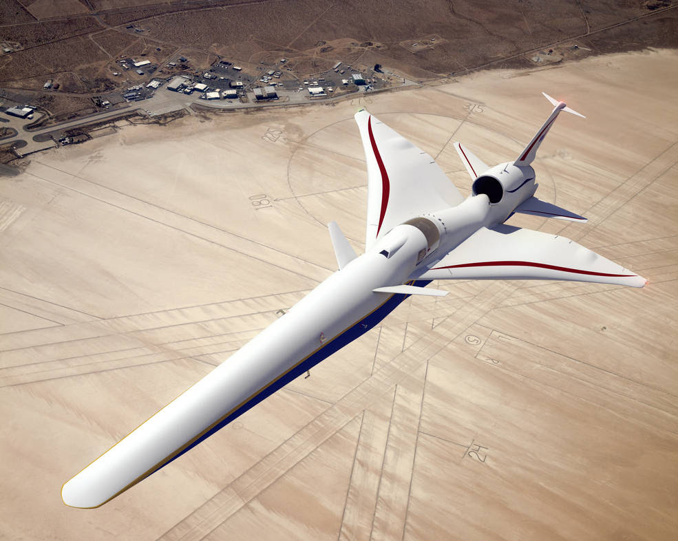 Illustration of the X-59 QueSST as it flies above NASA's Armstrong Flight Research Center in California.<br />Credits: Lockheed Martin