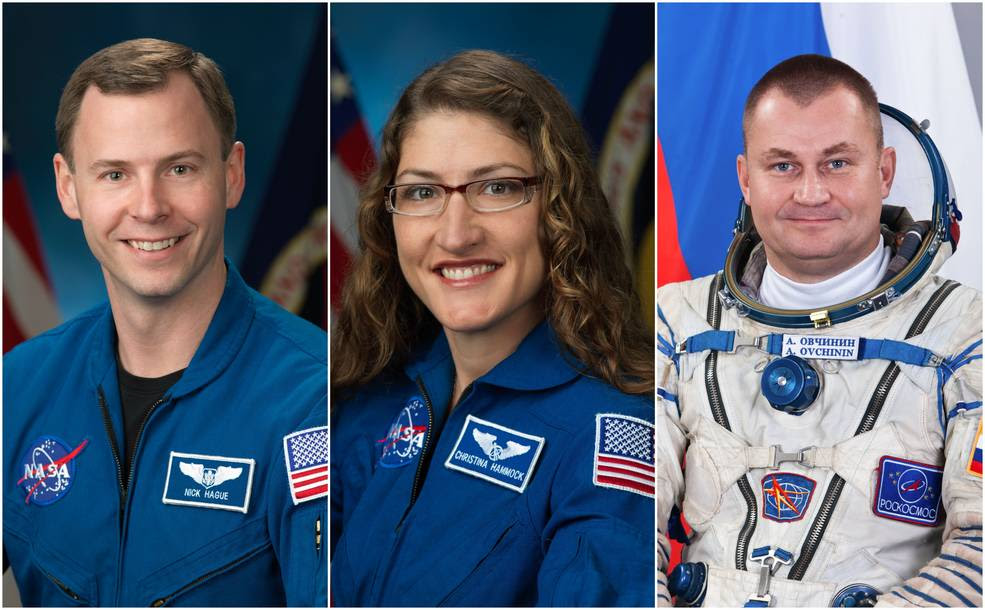 NASA astronauts Nick Hague and Christina Hammock Koch and Alexey Ovchinin of the Russian space agency Roscosmos are scheduled to launch Feb. 28, 2019, from the Baikonour Cosmodrome in Kazakhstan for a mission to the International Space Station as members of Expeditions 59 and 60.<br />Credits: NASA
