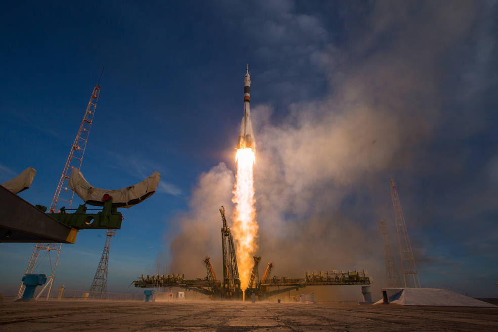 A Soyuz booster rocket launches the Soyuz MS-11 spacecraft from the Baikonur Cosmodrome in Kazakhstan on Monday, Dec. 3, 2018, Baikonur time, carrying Expedition 58 Soyuz Commander Oleg Kononenko of Roscosmos, Flight Engineer Anne McClain of NASA, and Flight Engineer David Saint-Jacques of the Canadian Space Agency (CSA) into orbit to begin their six and a half month mission on the International Space Station.<br />Credits: NASA/Aubrey Gemignani