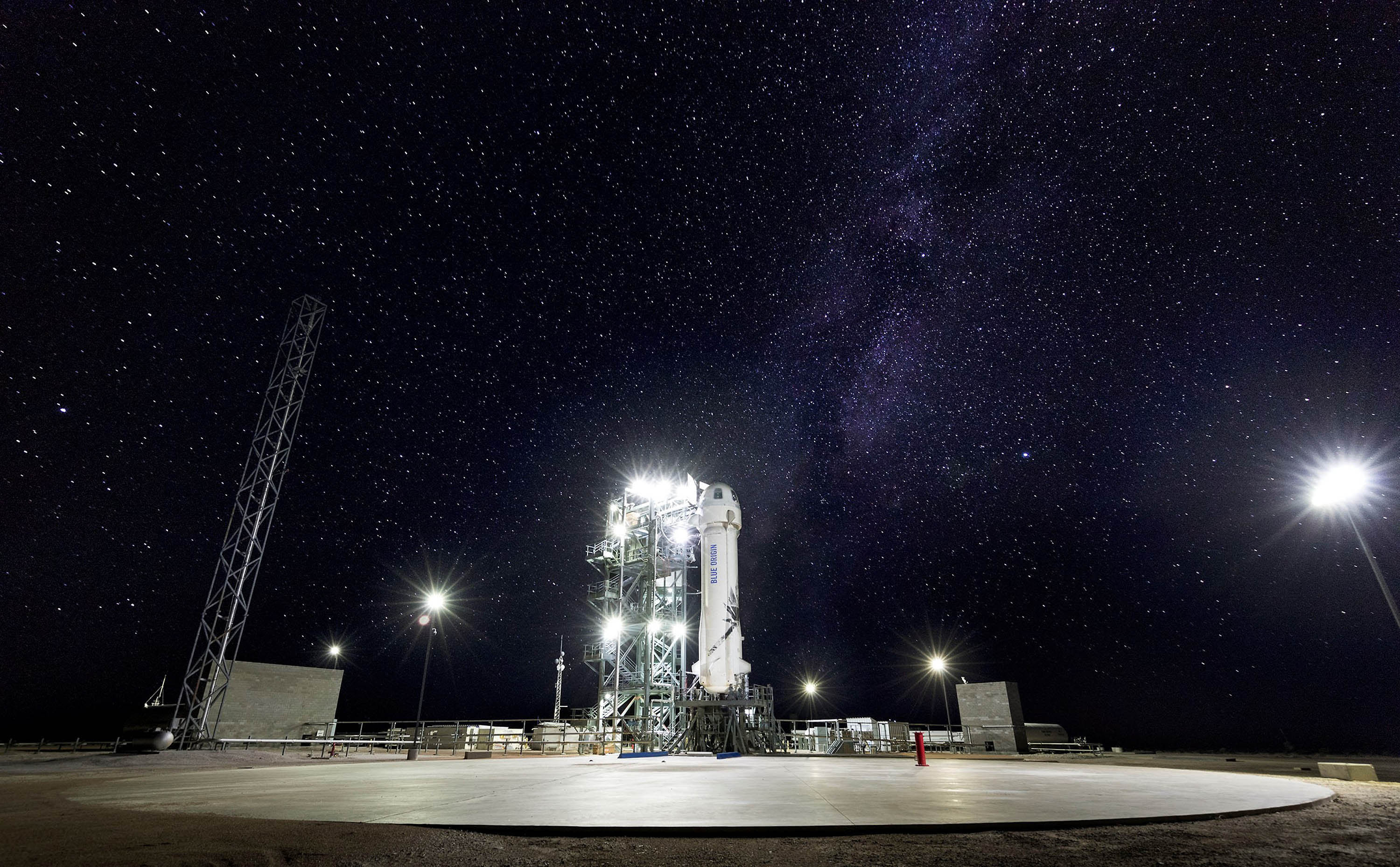 New Shepard on the launch pad the morning of Mission 9, July 18, 2018.