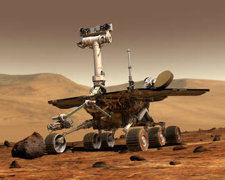 Illustration of a NASA Mars Exploration Rover at work on Mars. Opportunity was the second of two Mars Exploration Rovers to land on the Red Planet in 2014 to search for signs of past life.<br /><br />Credits: NASA/JPL-Caltech
