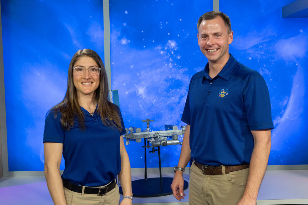 NASA astronauts (from left) Christina Koch and Nick Hague will launch aboard the Russian Soyuz MS-12 spacecraft March 14, 2019, from the Baikonour Cosmodrome in Kazakhstan.<br />Credits: NASA