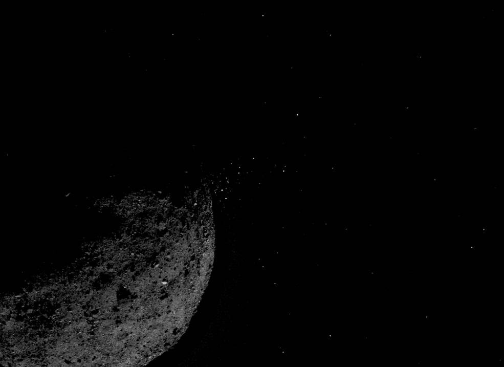 his view of asteroid Bennu ejecting particles from its surface on January 19 was created by combining two images taken on board NASA’s OSIRIS-REx spacecraft. Other image processing techniques were also applied, such as cropping and adjusting the brightness and contrast of each image.<br />Credits: NASA/Goddard/University of Arizona/Lockheed Martin