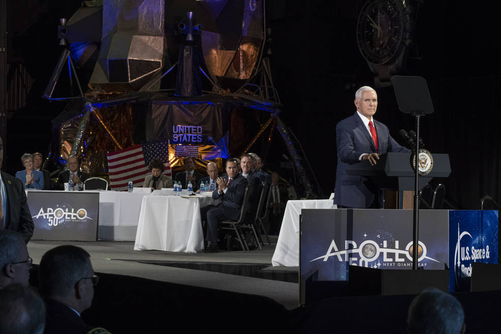 Vice President Mike Pence speaks about NASA’s mandate to return American astronauts to the Moon and on to Mars at the fifth meeting of the National Space Council March 26, 2019, at the U.S. Space &amp; Rocket Center in Huntsville, Alabama.<br />Credits: NASA