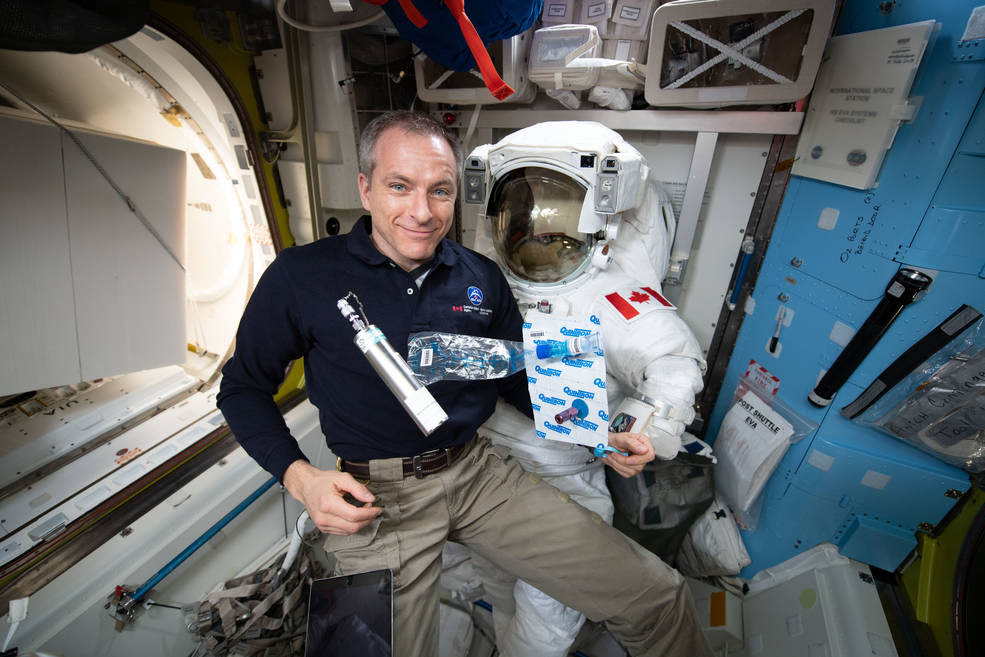 View of Expedition 58 flight engineer (FE) David Saint-Jacques collecting breath, ambient air, and blood samples in support of the Marrow investigation.<br />Credits: NASA/Anne McClain