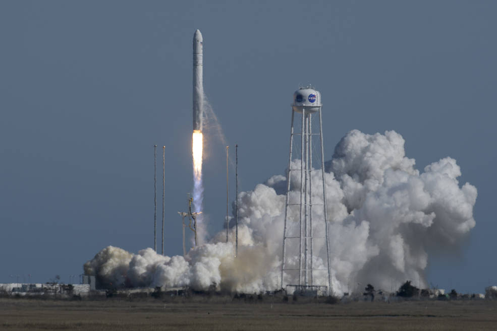 The Northrop Grumman Antares rocket, with Cygnus resupply spacecraft onboard, launches from Pad-0A, Wednesday, April 17, 2019 at NASA's Wallops Flight Facility in Virginia. Northrop Grumman's 11th contracted cargo resupply mission for NASA to the International Space Station will deliver about 7,600 pounds of science and research, crew supplies and vehicle hardware to the orbital laboratory and its crew.<br />Credits: NASA/Bill Ingalls