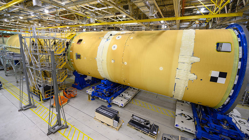On May 30, 2019, the forward part and liquid hydrogen tank for the core stage of NASA's Space Launch System were connected to form most of the massive core stage that will propel SLS on NASA's first Artemis mission to the Moon.<br />Credits: NASA/Eric Bordelon