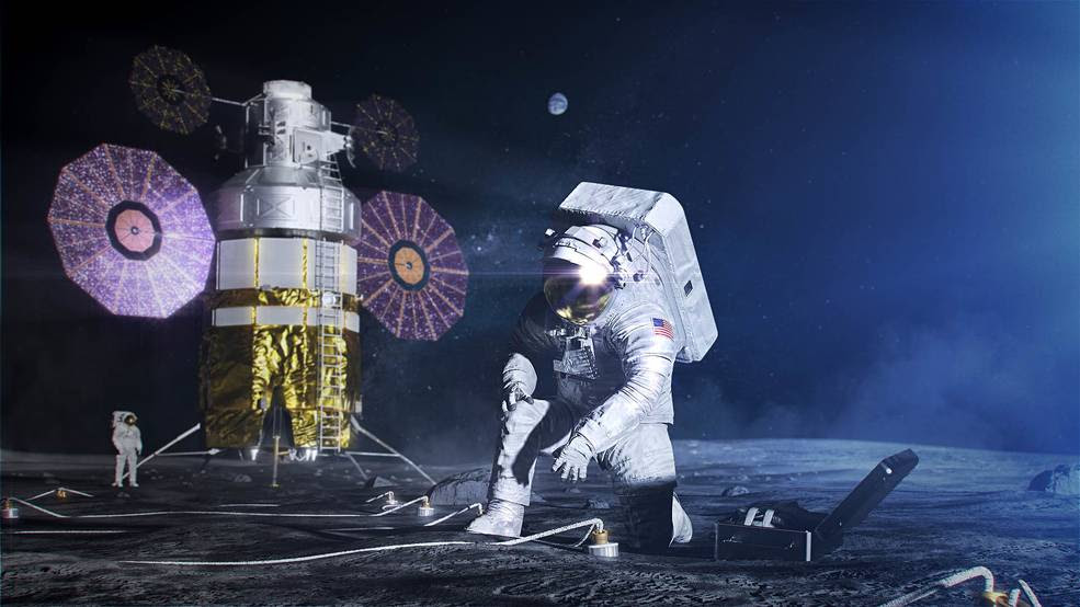 Artist concept of an astronaut in the xEMU space suit setting up a science experiment on the lunar surface.<br />Credits: NASA