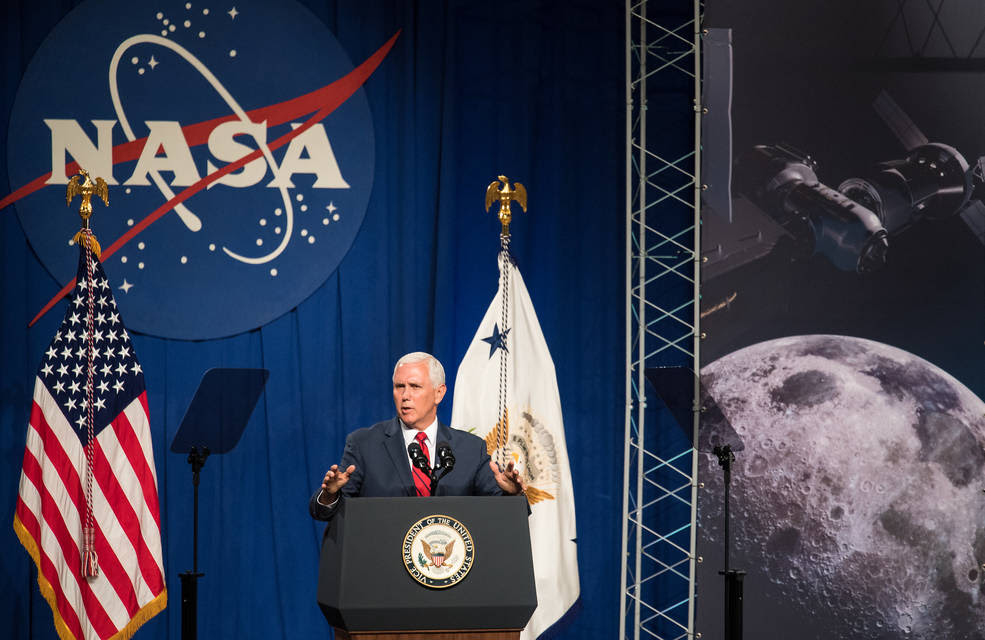 Vice President Mike Pence speaks in the Teague Auditorium at NASA's Johnson Space Center, Thursday, Aug. 23, 2018 in Houston.<br />Credits: NASA/Joel Kowsky