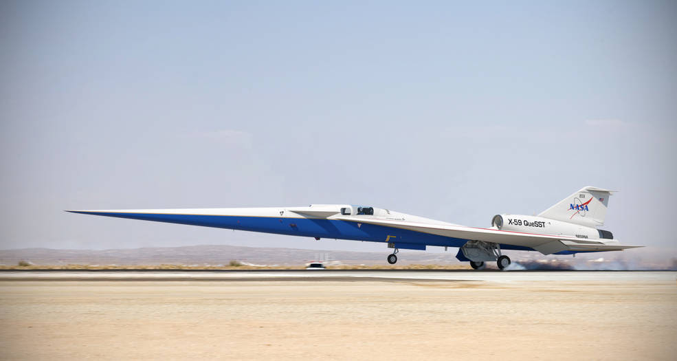 Illustration of the completed X-59 QueSST landing on a runway.<br />Credits: Lockheed Martin