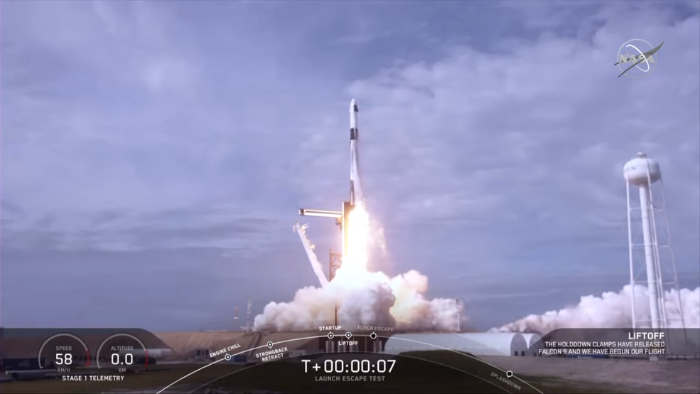 NASA and SpaceX completed a launch escape demonstration of the company’s Crew Dragon spacecraft and Falcon 9 rocket on Jan. 19, 2020. The test began at 10:30 a.m. EST with liftoff from Launch Complex 39A at NASA’s Kennedy Space Center in Florida on a mission to show the spacecraft’s capability to safely separate from the rocket in the unlikely event of an inflight emergency.<br />Credits: NASA Television<br />Watch the prelaunch activities and launch.
